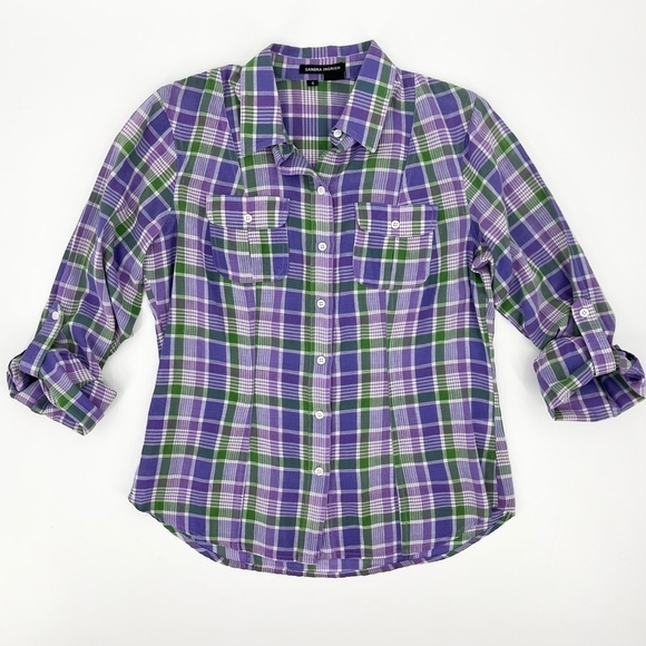 Sandra Ingrish Lightweight Cotton Plaid Roll-Tab Sleeve Button Down Shirt - Picture 1 of 8